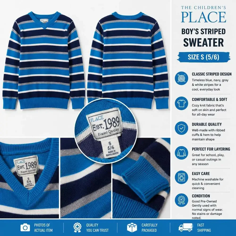 The Children's Place Boys Blue Striped Long Sleeve Sweater Size S (5/6)